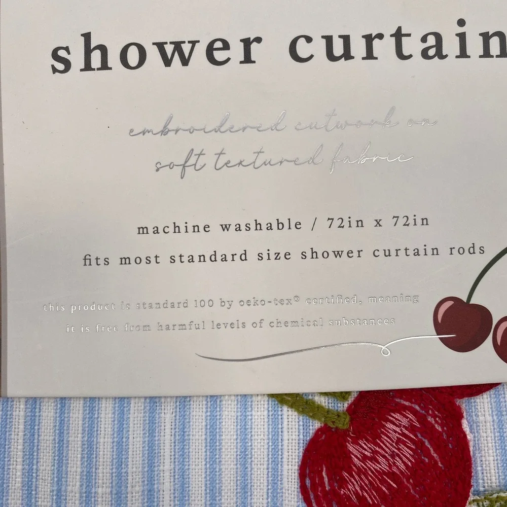 Envogue Shower Curtain Blue White Stripe Red Cherry Embroidered Whimsical Fruit